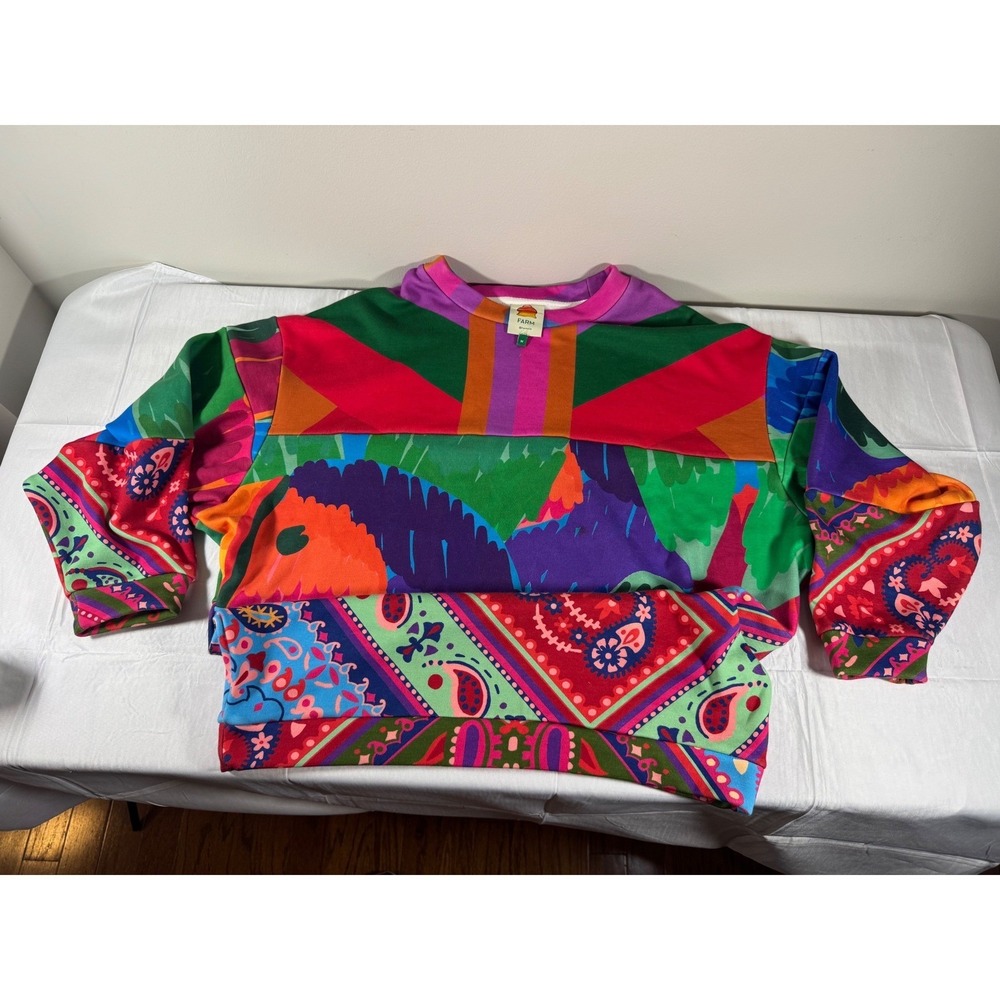 Farm Rio Mixed Scarf Print Sweatshirt Womens Medium Multi Color Paisley Tropical